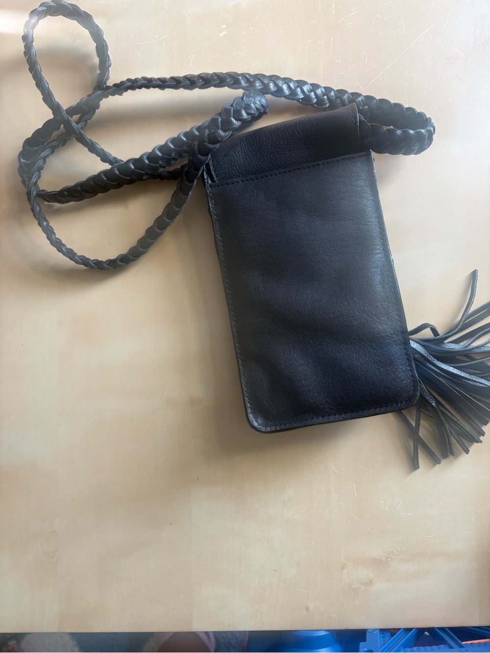 Joelle Hawkens Black Leather Phone Crossbody Bag Braided Strap Tassel Boho - Picture 5 of 7